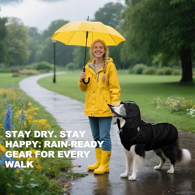 Dog Raincoats for Large Dogs, Waterproof Dog Rain Coat with Adjustable Built-in Harness & Back Zipper, Reflective Strip, Removable Hood, for Rainy Walks, Muddy Roads - Black L
