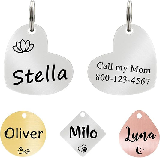 Ultra Joys Cat ID Tag Personalized Pet Tags, Durable Stainless Steel Small Pet Mini Dog Cat Tag Lightweight -Heart Tag in Silver