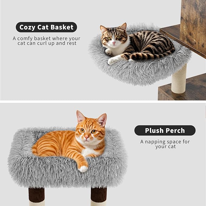 Litter Box Enclosure with Cat Tree Tower and Condo, Hidden Cat Washroom Furniture with Sisal Scratching Post & Soft Plush Perch, Wooden Cat Furniture with Multiple Platforms