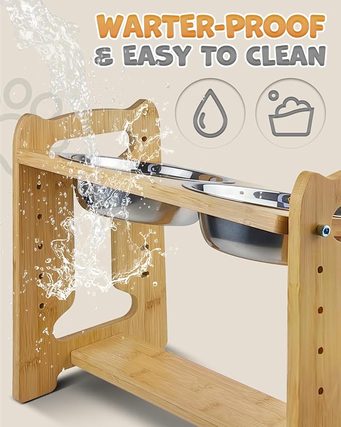 Elevated Dog Bowls, Adjustable Raised Dog Bowl Stand for Medium Size Dogs and Cats, Durable Bamboo Dogs Feeder with 2 Stainless Steel Bowls and Non-Slip Feet, Pet Food Bowl for Medium Sizes