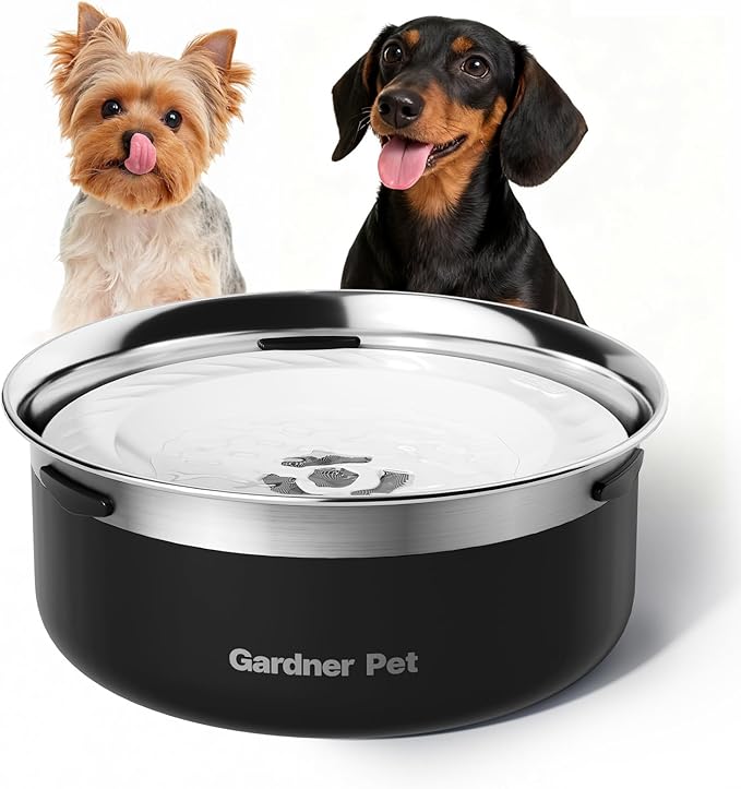 Gardner Pet Slow Water Bowl for Dogs, 2L/68oz Spill-Proof Pet Water Bowl with Floating Disk & Filter Screen, Stainless Steel No-Spill Water Dispenser for Small & Medium Pets