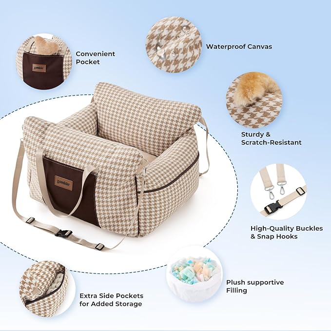 Dog Car Seat for Small Dogs - Waterproof Pet Booster Seat for Car with Clip-On Safety Leash, Soft Travel Carrier for Puppy up to 25 lbs, Memory Foam Filling & 2 Adjustable Buckles Houndstooth