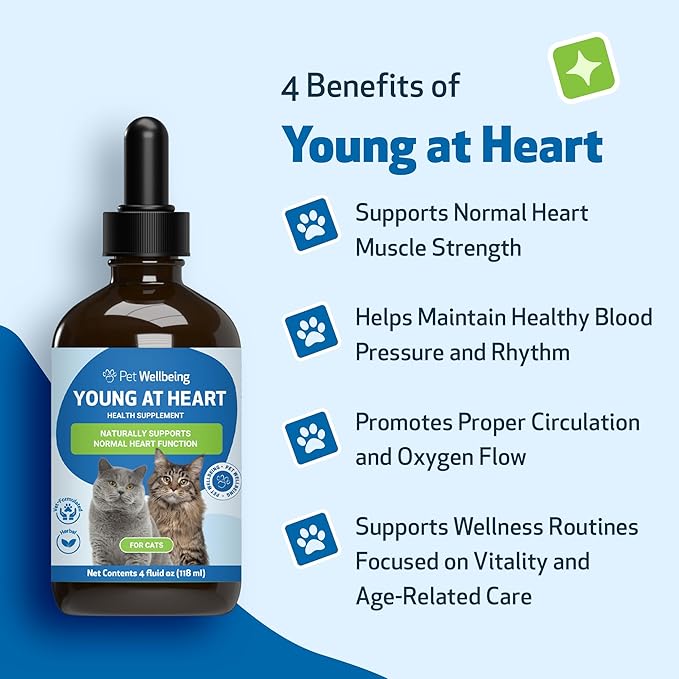 Pet Wellbeing Young at Heart for Cats - Senior Feline Heart Health Support, Cardiovascular Wellness & Vitality - NASC Certified & Vet-Formulated - 4 oz Liquid Formula