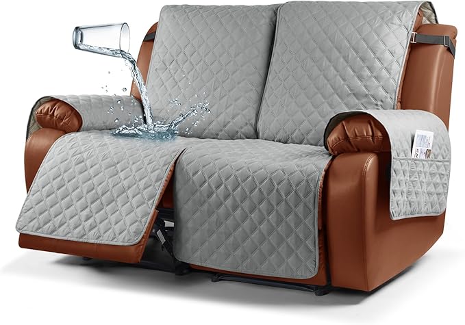 Ruaozz Waterproof Recliner Sofa Cover 1-Piece Couch Covers for Reclining Couches Reclining Sofa Cover Washable Furniture Protector with Elastic Straps Pocket for Kids, Pets (Light Grey, 2 Seater)