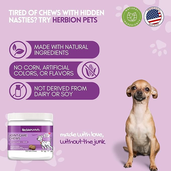 HERBION Pets Joint Care Chews with Glucosamine & Turmeric, 120 Soft Chews, MSM & Chondroitin for Pain Relief, Improves Mobility, Supports Healthy Joints, Made in USA, for Dogs 12 Weeks+, Pack of 1