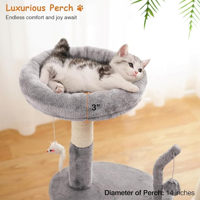 Large Cat Tree Tower with Scratching Post, Modern Kitten Tower for Indoor Cats, Sturdy Tall Carpet Sisal Cat Scratcher Stand with Big Bed Perch,Scratch Ramp,Ball Toy for Kitty Play -Grey