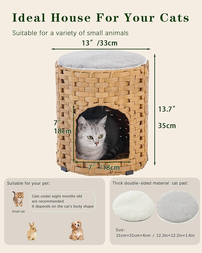Cat House for Indoor Cat, Small Cat Houses Handwoven PE Rattan Kitten Cave, Pet Kitten Bed Covered, One Bed Pad, 13 x 13 x 13.7 Inches, Foldable Hideaway in Living Room Gray