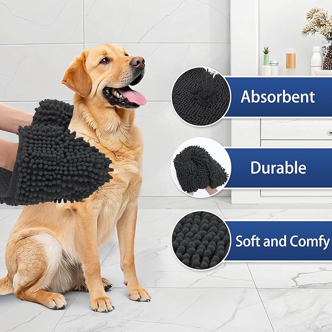 OLANLY Chenille Dog Bath Towel 31x13, Ultra Absorbent Quick Dry Pet Towel, Extra Soft Washable Plush Towel for Large Dogs & Puppies, Indoor Outdoor Use, Dark Grey
