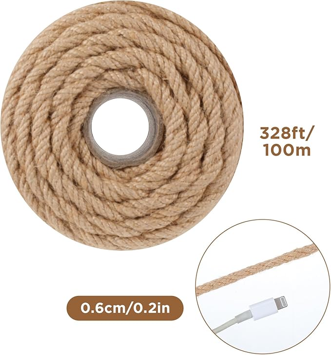 328FT/100M Sisal Rope for Cat Scratcher, 6mm Cat Scratching Sisal Rope Jute Ropes for Scratch Posts, Cat-Trees, DIY Projects, Twine Ropes for Cats Scratching Post
