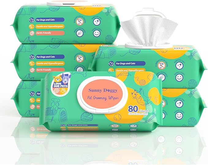 Pet Wipes 480 Count, Dog Wipes Cleaning Deodorizing Cat Wipes, 8 x 8 Inch Dog Grooming Wipes for Butt Paws Ear Eyes and Body, Pack of 6