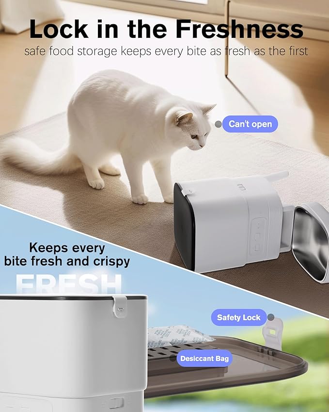 Automatic Cat Feeder, Camera Auto 2 Cats Dispenser 5L Microchip WiFi 2.4G&5G Timed Dual Pet Smart APP Dry Food Self Feeding Container Station (White Set)