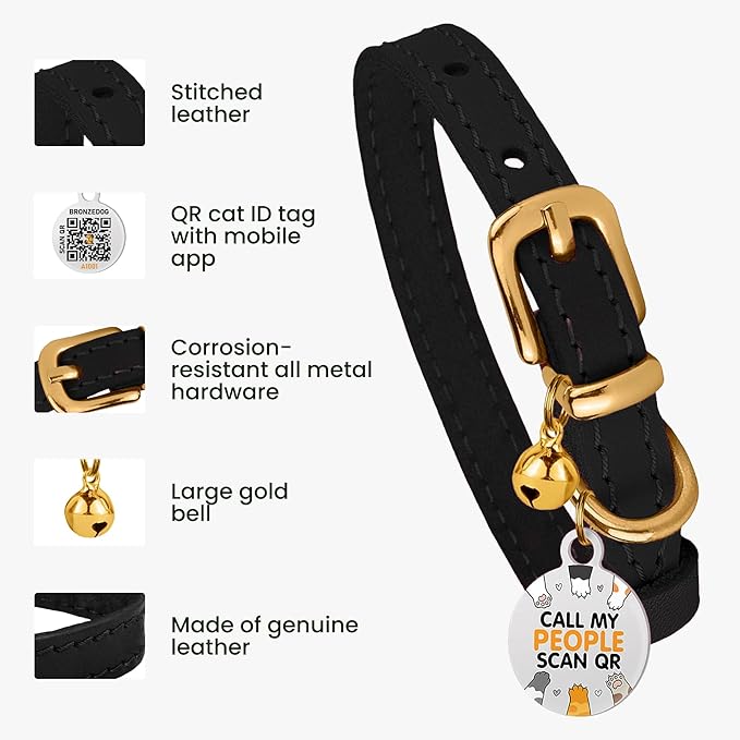 BRONZEDOG Leather Cat Collar with Removable Bells Non Breakaway Kitten QR Tag for Girl Boy (7" - 9" for Cats, Black & Gold)