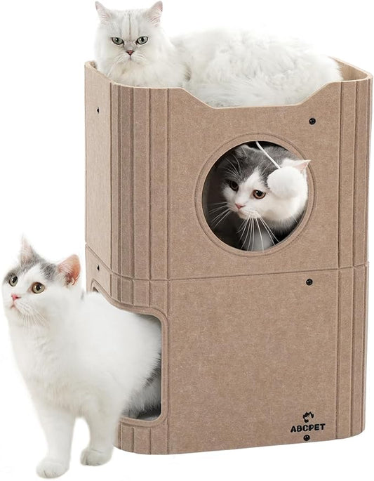 Cat House for Indoor Cats Cat Bed Cave 2-Storey Cats Condo with Cozy Felt Covered Hideaway for Multiple Pets Beige