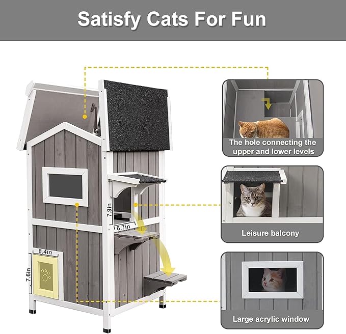 PetsCosset Outdoor Cat Shelter Weatherproof, Two Story Wooden Outside Feral Cat House with Openable Roof, Escape Door