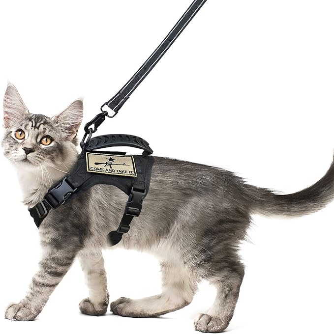 Tactical Cat Harness and Leash Set for Walking Escape Proof, Adjustable Large Cat Vest Harness with Molle Patches, Soft Mesh Padding, Rubber Handle Easy to Control Black
