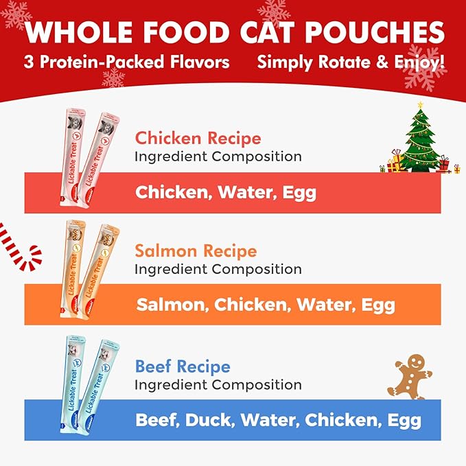 Christmas Cat Treats, High-Meat Lickable Puree, Grain & Gum Free, for Cats, All-Natural Protein Snacks, 0.5oz Tubes (Pack of 20)