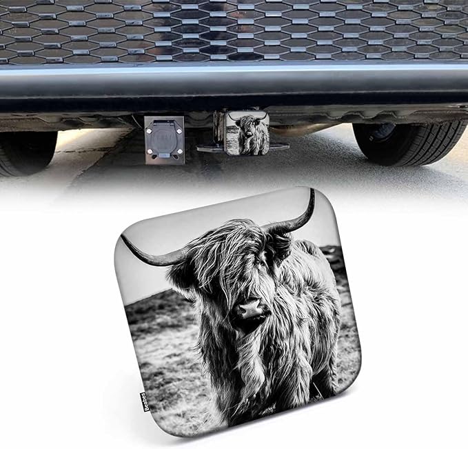 Highland Cow Car Rear Hitch Covers Animal Black White Highland Cattle Hairy Square Trailer Hitch Cover Tube Plug Insert, 2" Towing Rear Hitch Cover for Car Truck, Easy to Install