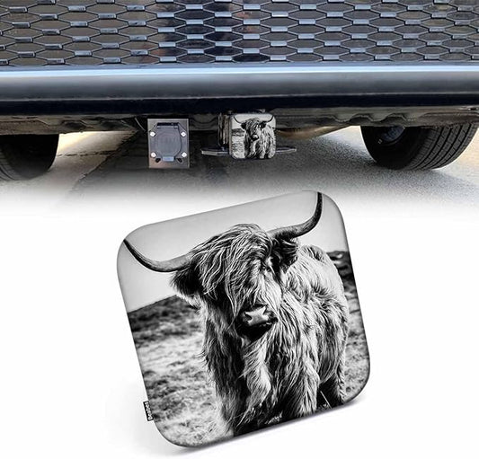 Highland Cow Car Rear Hitch Covers Animal Black White Highland Cattle Hairy Square Trailer Hitch Cover Tube Plug Insert, 2" Towing Rear Hitch Cover for Car Truck, Easy to Install