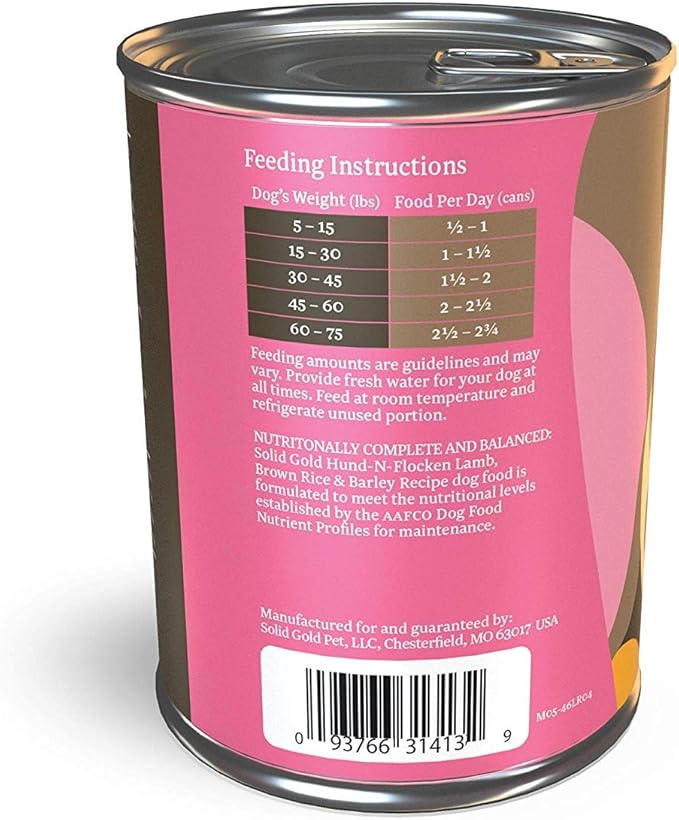 Solid Gold Canned Dog Food for Adult & Senior Dogs - Made with Real Lamb and Healthy Whole Grains - Hund-N-Flocken High Calorie, High Protein Wet Dog Food