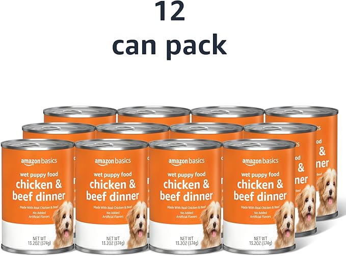 Amazon Basics Puppy Chopped Ground Dinner Canned Dog Food, with Chicken & Beef, 13.2oz (Pack of 12)