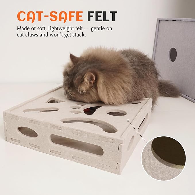 PETKARAY Felt Cat Puzzle Toy, Interactive Cat Toys for Indoor Cats, Interactive Maze for Kitten Felt Puzzle Box with Ball, Beige