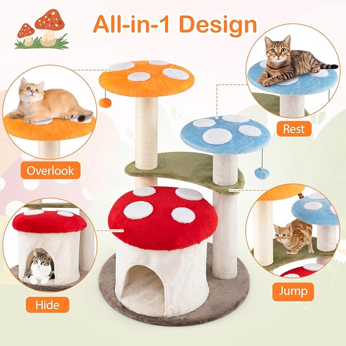 PETSITE Mushroom Cat Tree, Multi-Level Cute Cat Tree Tower with Sisal Scratching Posts, Cat Condo, Soft Plush Perches, and Dangling Toys for Indoor Cats (35 Inch)