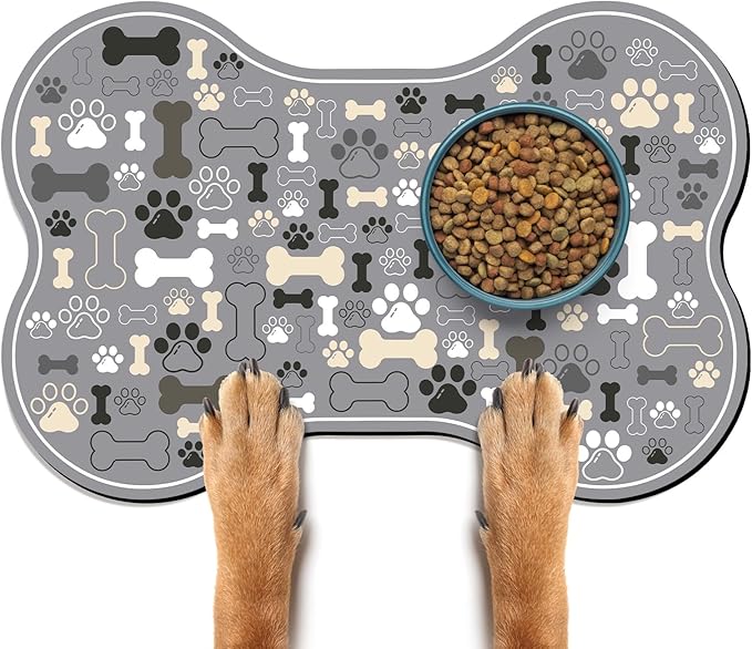 Dog & Cat Food Mat Bone Shaped Pet Feeding Mat Quick Absorb Water Bowl Placemat with Rubber Backing Indoor Floor Stain Resistant Pet Accessory Supplies (Gray, 12x24 Inches)