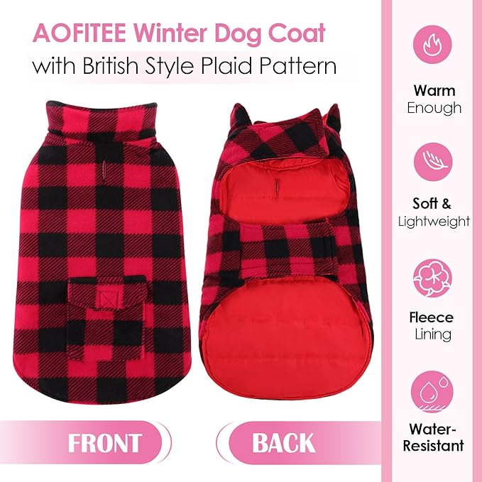 AOFITEE Reversible Dog Coat, Warm Winter Jacket, Thick Padded Vest with Leash Hole, Cotton Material, Plaid Print, Small (23'' Chest)