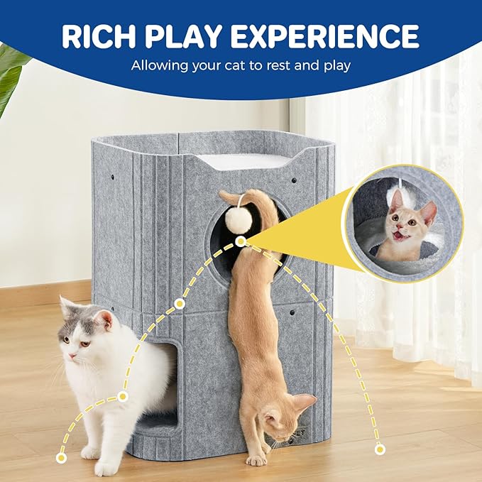 Cat House for Indoor Cats Cat Bed Cave 2-Storey Cats Condo with Cozy Felt Covered Hideaway for Multiple Pets Gray