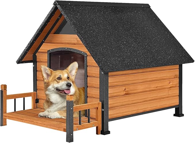 Dog House Outdoor Waterproof Dog Kennel for Small to Medium Size Dogs Doghouse Puppy Shelter with Elevated Floor for Winter (Brown-A, Medium)