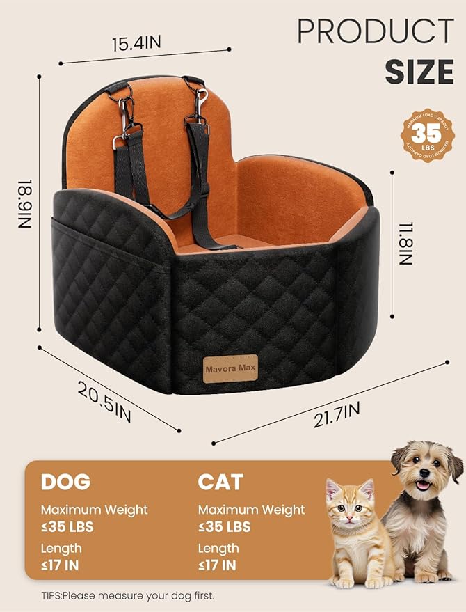 Dog Car Seat for Small/Medium Dogs, Elevated Dog Booster Seat Memory Foam Puppy Car Seat with Washable Cover, Travel Safety Pet Seat Bed for Car with Storage Pockets Up to 35 lbs (Black/Brown)