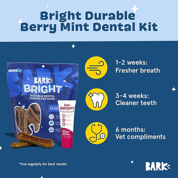 Barkbox Bright Durable Dental Kit, Berry Mint Flavored, 15 Chew Sticks & Toothpaste - Small Breeds