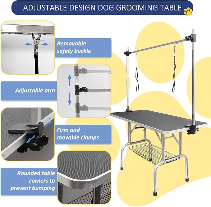 ROOMTEC 36" Dog Grooming Table,Foldable Home Pet Bathing Station with Adjustable Height Arm/Noose/Mesh Tray
