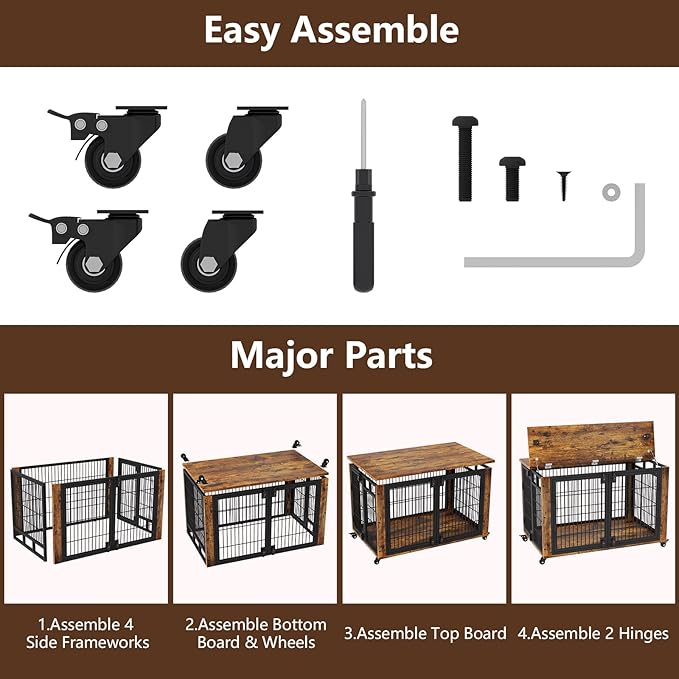 EasyCom 90% Pre-Assembled 41" Moveable XL Dog Crate, Large Dog Crate Furniture with Top-Access Teasing/Feeding Doors, Chew-Resistant Dog Kennel Indoor Furniture for Medium and Large Dogs