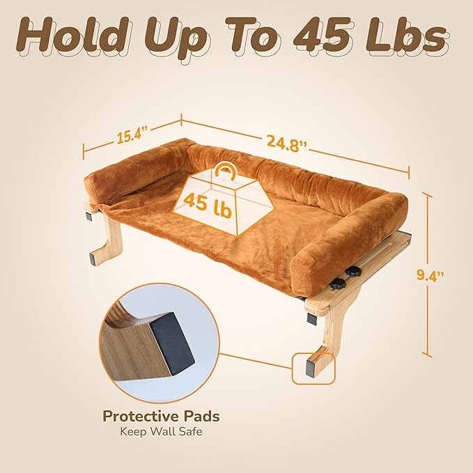 45LBS Capacity Cat Window Perch with Bolster, Hammock Seat with Premium Plywood & Metal Frame, Cat Window Bed for Indoor Cats & Kittens, Extra Cood Pad (Natural Wood & Brown Cushion, 24.8''W x 9.4''H)