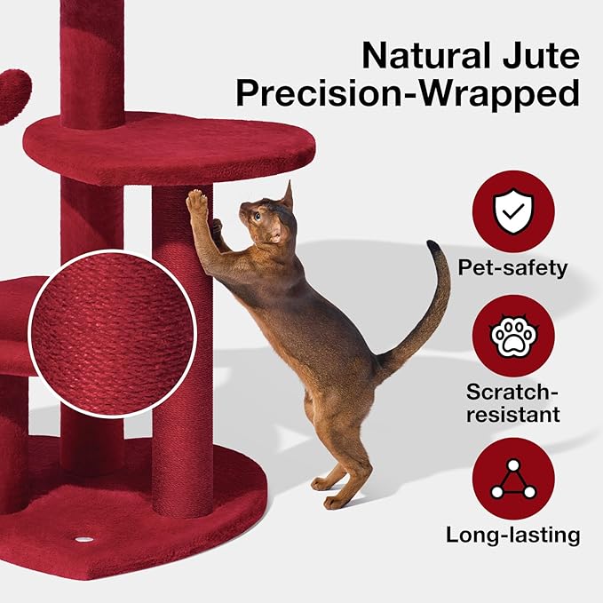 VETRESKA Cat Tree for Indoor Cats, Multi Level Cat Tower with Cat Scratching Post, Cute Cat Climbing Tree with Dangling Toy for Cats（Red）