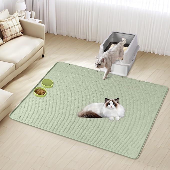 Cat Food Mat, 57" x 40" Extra Large Silicone Pet Feeding Mat with Raised Edge Pet Placemat for Food and Water Bowl Non-Slip, Easy to Clean, Floor Protection (Green)