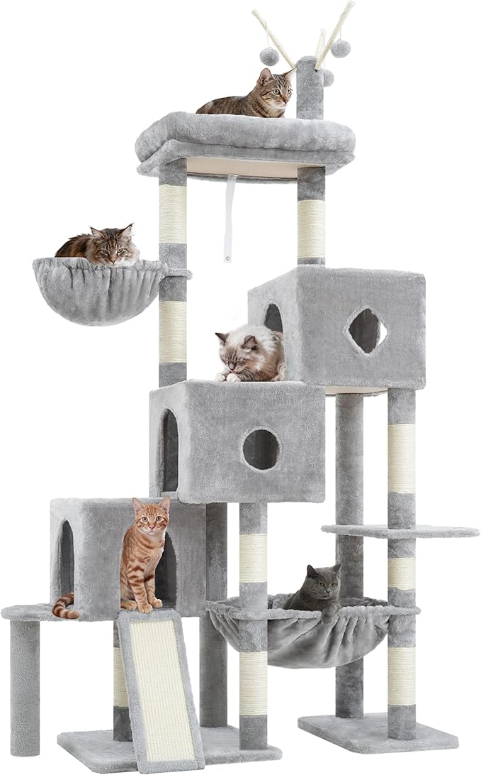 Hey-brother Cat Tree Tower, Scratching Posts with 3 Condos, Large Basket, Cozy Bed, Sisal Board, Step-by-Step Climbing Pathway and Toys, 74.8 inches Furniture for Big Indoor Cats, Light Gray MPJ081W