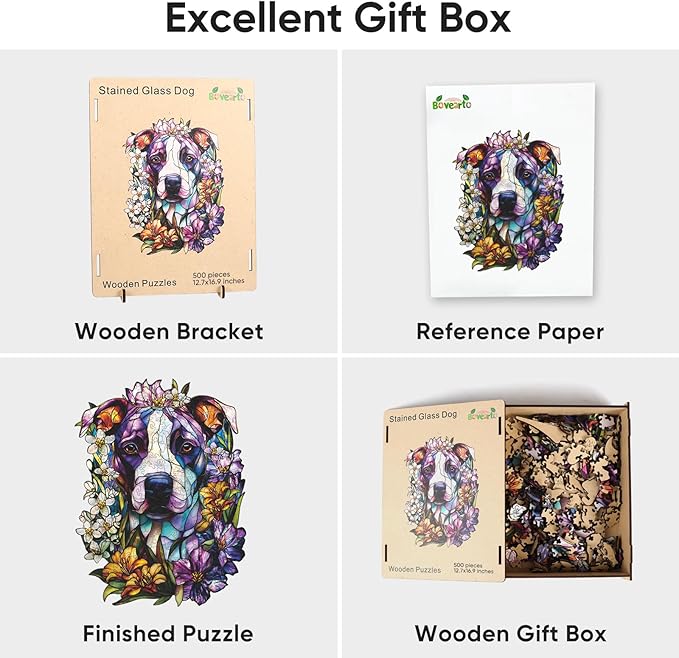 Bovearto Wooden Puzzles for Adults, Stained Glass Dog Wooden Jigsaw Puzzles, Unique Shaped Animal Flower Puzzle Gifts for Kids Challenge Thanksgiving Christmas Puzzle Family Games (12.7"*16.9'')
