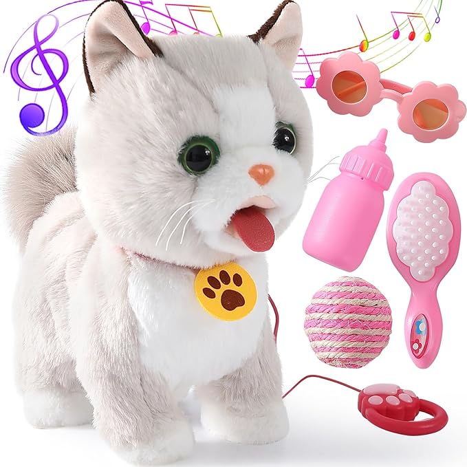 Walking Cat Set Interactive Talking Toy Kitten Repeat What You Say Robot Cat Toy for Girl Singing Dancing Touch Control with Leash Wagging Tail Nodding Plush Electric Ragdoll Kitty for Kid