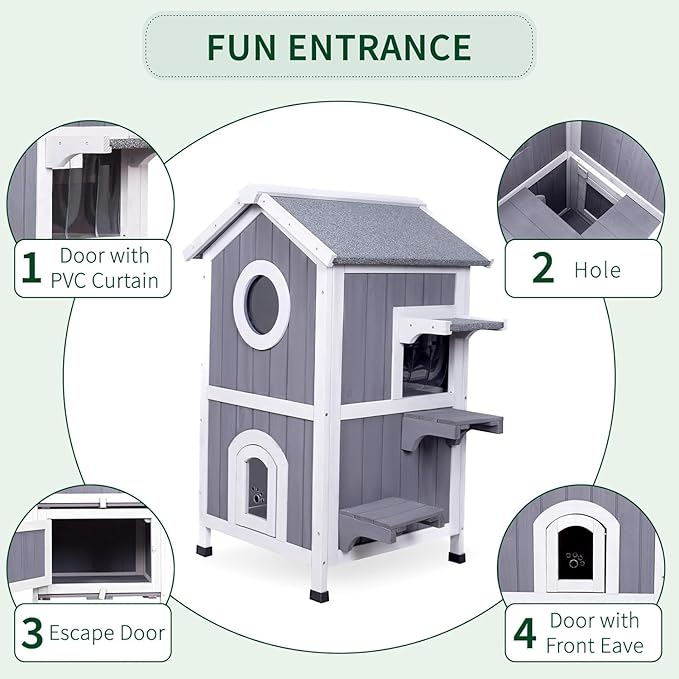 GEGURI Outdoor Cat House Winter-Proof, Two-Story Insulated Cat Shelter for Feral Cats with Thermal Layer, Removable Roof, Balcony & Escape Door, Weatherproof & Warm Shelter for Cats