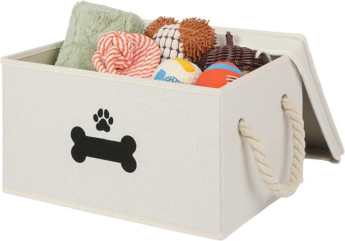 Dog Toy Basket with Lid, Dog Basket for Toys, Dog Toy Box with Cotton Rope Handles, Collapsible Storage Bins for Dog Toys, Dogs Storage Organizer, Beige