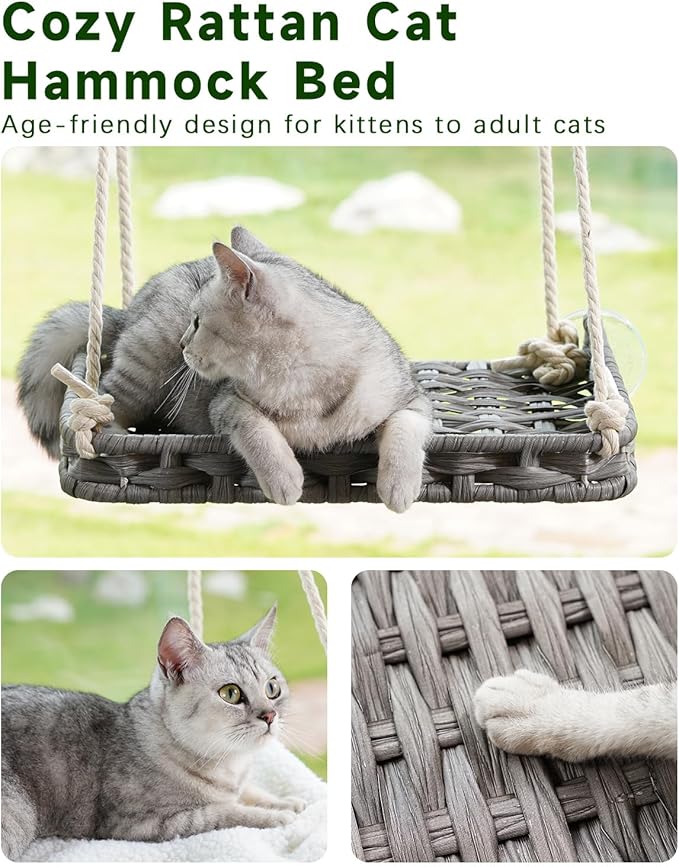 Cat Window Perch, Cat Window Hammock Bed for Indoor Cats, Large Handwoven PE Rattan Window Seat, 4 Suction Cups, Double Sided Washable Cushion Bed, 2.3 Inch Fence Shelf, for Pet Kittens Gray