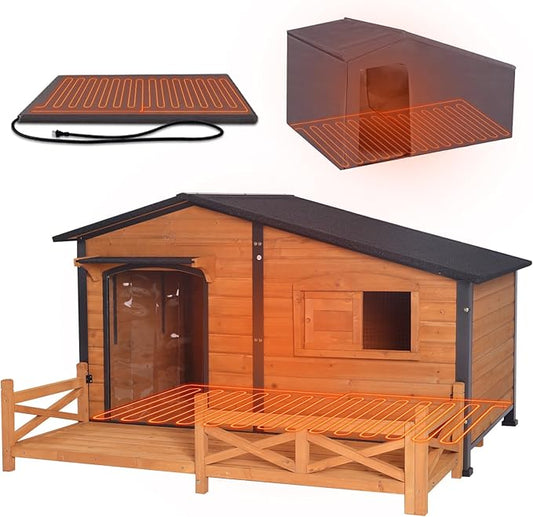 GUTINNEEN 60.3" L Extra Large Heated Dog House Outdoor Insulated Winter Dog Kennel with Thermostat-Controlled Heating Pad, Chew-Proof Metal Frame and 6-Sided Insulated Liner for Large Dogs