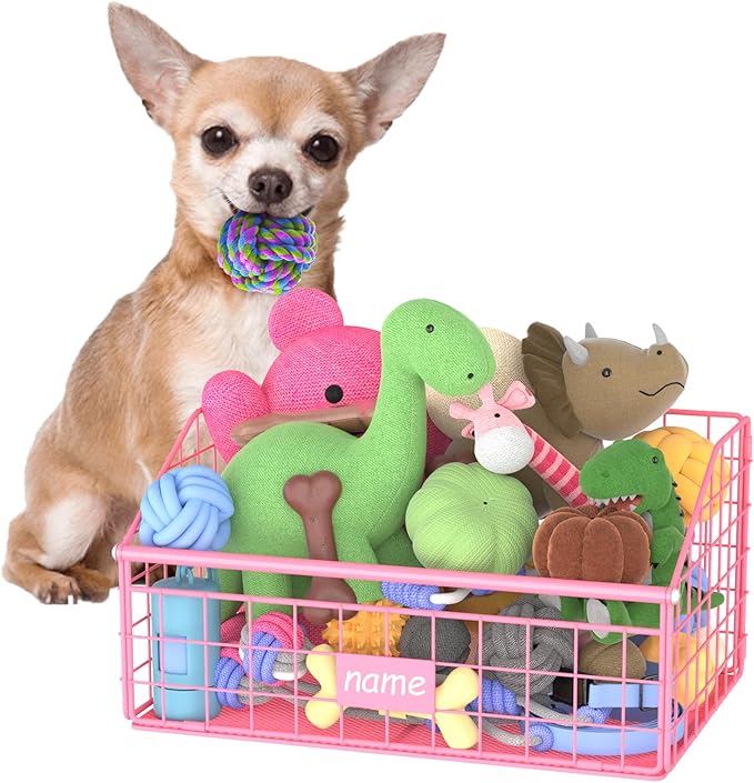 Indestructible Dog Toy basket, Small Toy Box for Dogs, Pet Toy Bin Dog Metal Basket for Toys, Toy Storage Organizer,Dog Toy Box for Living Room Area(Pink)