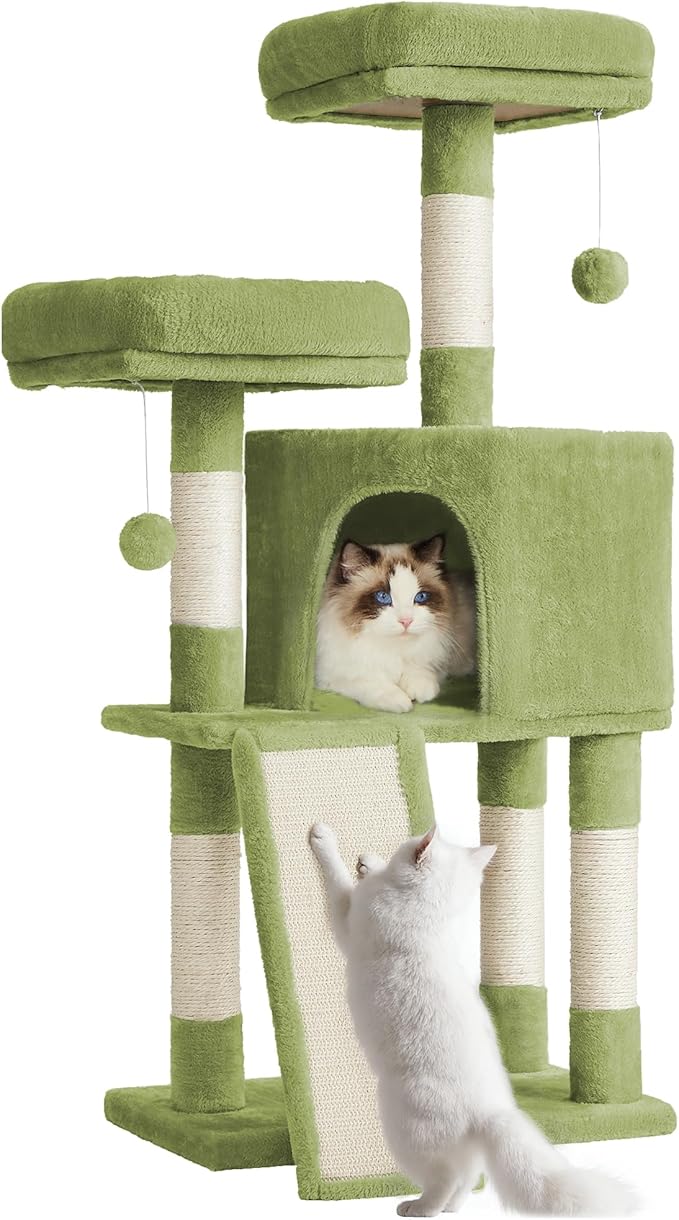 Feandrea Cat Tower, Cat Tree for Indoor Cats, 45.3-Inch Cat Condo with Scratching Post, Ramp, Perch, Spacious Cat Cave, for Kittens, Elderly Cats, Adult Cats, Small Space, Grass Green UPCT141C01