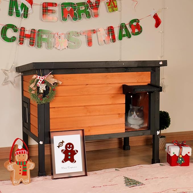 Outdoor Insulated Cat House Feral Cat Enclosure Cat Shelter Weatherproof for Winter with All-Round Foam Escape Door