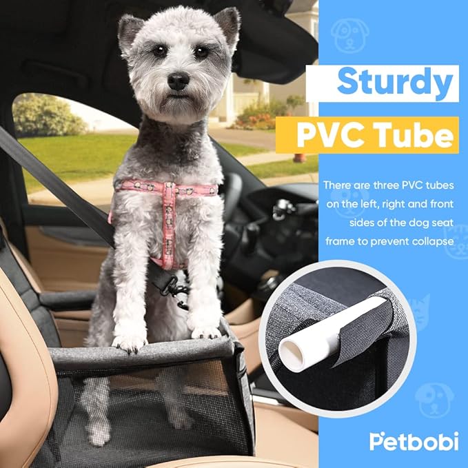Petbobi Pet Reinforce Car Booster Seat for Dog Portable and Breathable car Booster seat with Seat Belt Dog Carrier Safety car seat for Travel, with Clip on Leash with PVC Tube (Cationic Fabric Grey)