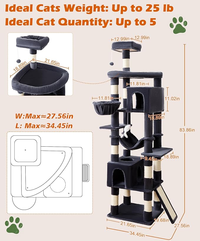 AMHANCIBLE Heavy Duty Cat Tree for Indoor Cats Large Adult 20 lbs+, 83 Inch Multi-Level Tall Cat Tower with Scratching Post and Board, Hammock, Condos, Hanging Basket, Dark Grey, PT21DG
