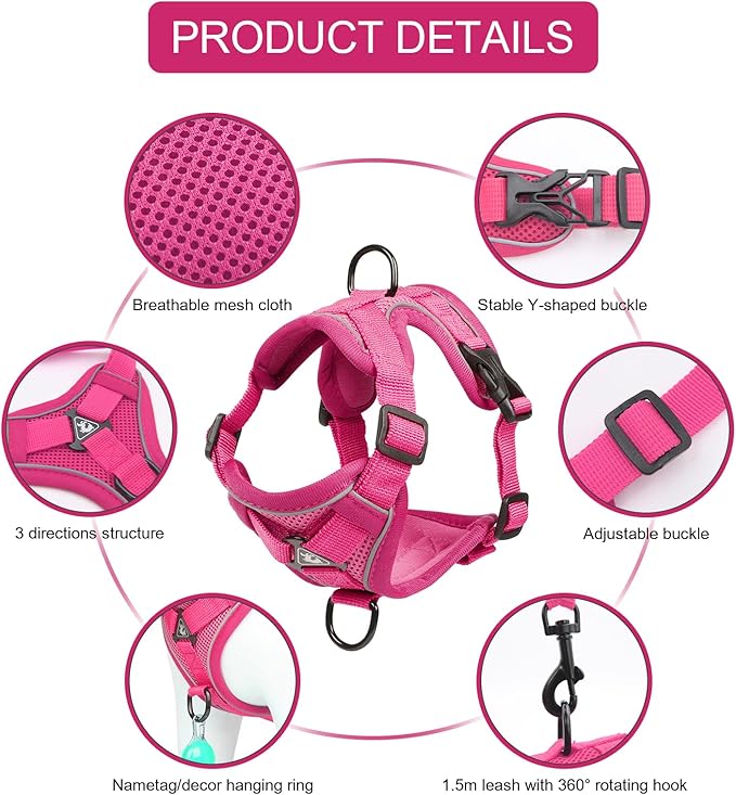 Cat Harness and Leash Set, Upgraded Escape Proof Adjustable Vest with Lead for Kitten Puppy Outdoor Walking, Soft Breathable Mesh Jacket with Reflective Strips for Dark Night (M, Rose Pink)
